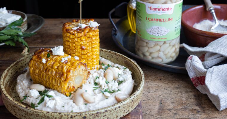 Pannocchie arrosto su crema di feta e cannellini